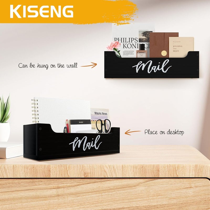 KISENG Mail Organizer Countertop, Mail Basket for Wall Mount or Table Countertop, Wood Desk Letter Holder, Black Bill Envelope Organizer for Home Office Decor - Image 4